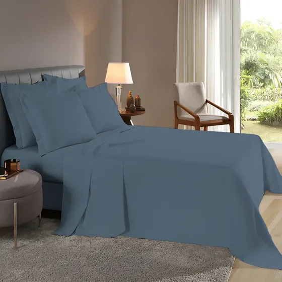 Lençol Solteiro 3 Pçs Abas Percal Flex 400 Fios Toque Macio Cor Azul Topázio Desenho Do Tecido Liso