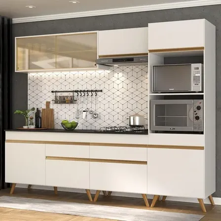 Armário De Cozinha Completa 252cm Veneza Multimóveis V3715 Cor Branco/dourado