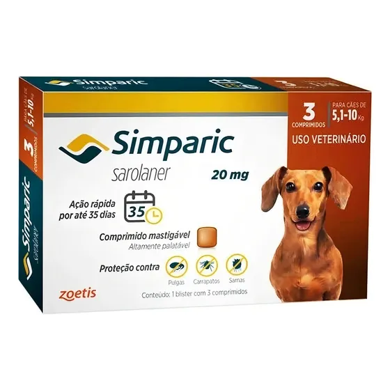 Simparic 20mg Antipulgas E Carrapatos P/ Cães 5,1kg A 10kg 3 Comprimidos Marrom