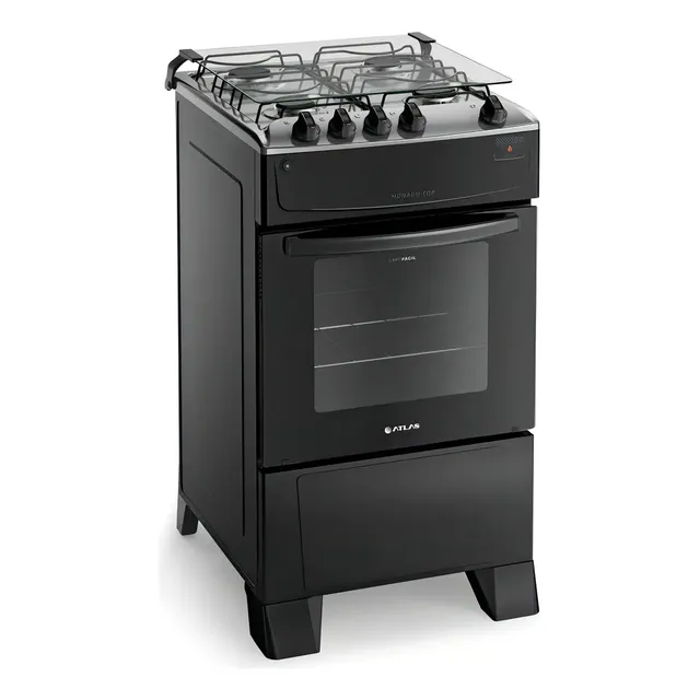 Fogão 4 Bocas Atlas Mônaco Top Com Mesa Inox E Forno De 50 Litros E Acendimento Automático Preto Bivolt