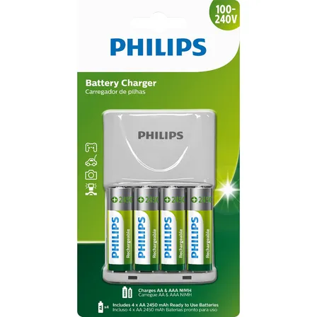 Carregador C/ 4 Pilhas Philips Recarregaveis Aa 2450mah