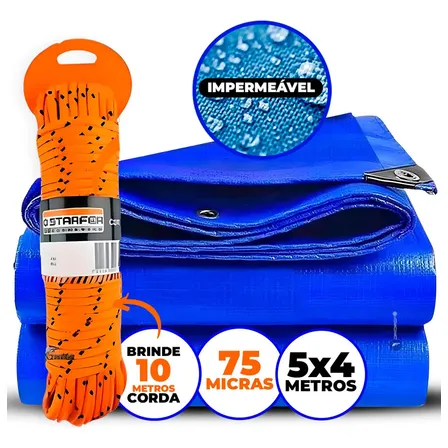 Lona Azul Starfer 5x4m Impermeável Uv Polietileno + Corda 10m 550kg