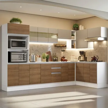 Armário De Cozinha Completa De Canto Madesa Smart 100% Mdf Cor Branco/rustic/crema