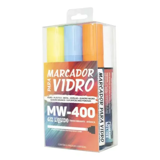Marcador De Vidro - 6 Cores - (giz Líquido) Ponta Reta 15mm