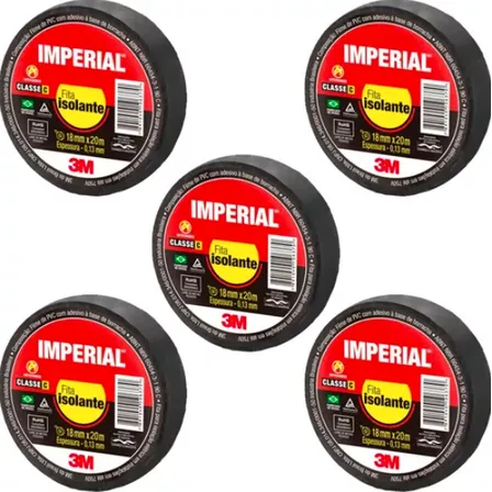 3m Fita Isolante Imperial 3m 18mm X 20 Metros Kit 5 Peças Cor Preto Liso