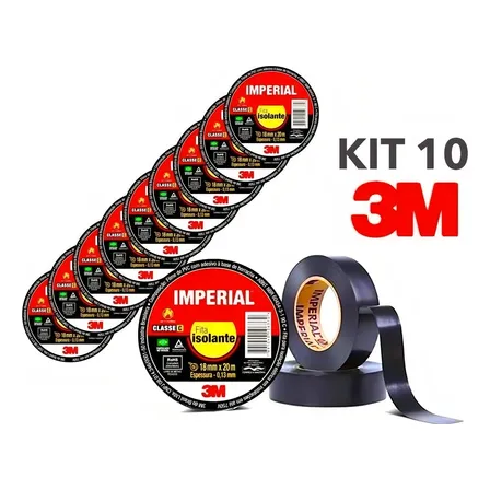 Kit 10 Fita Isolante 3m Adesiva Imperial 18mm X 20 Metros Preto Liso
