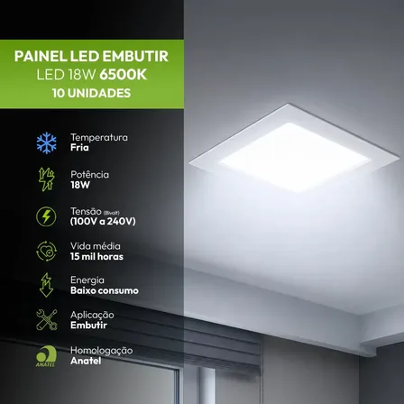 Kit 10 Painel Plafon Embutir Led 18w Quadrado 6500k Branco Frio - Easy