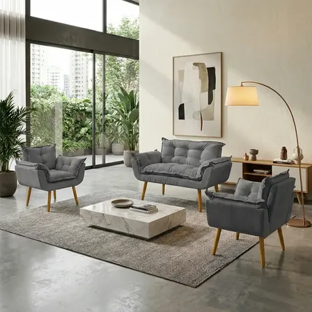 Kit Namoradeira E 2 Poltronas Alice Decorativas Para Sala Recepção Consultório Escritório Manicure Suede Cinza Suede Liso