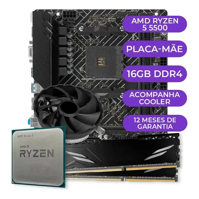 Kit Upgrade Gamer Amd Ryzen 5 5500 + A520m + 16gb Ddr4 Cor Preto