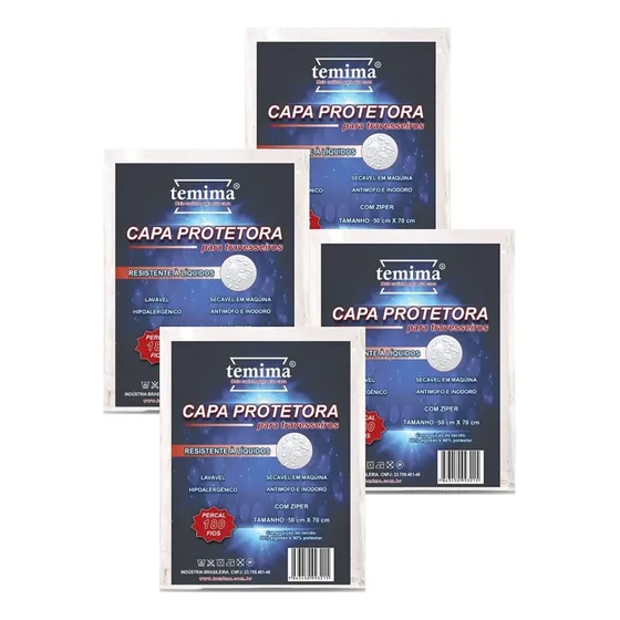 Kit 4 Capas de Travesseiro Antiácaro Impermeável Percal 180 Fios com Zíper Temima