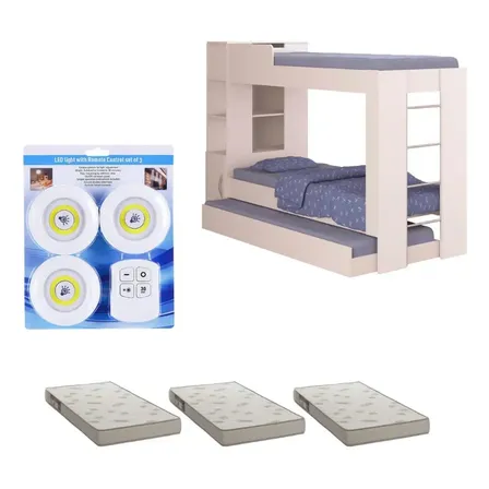 Beliche Branco Ditália Solteiro com Cama Auxiliar, Colchões e Kit Luz
