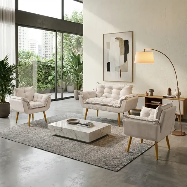 Kit Namoradeira e 2 Poltronas Alice Decorativas Para Sala Recepção Consultório Escritório Manicure Suede Bege