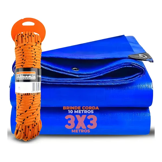 Lona Plástica Starfer 3x3 Metros Impermeável Azul + Corda 10m Polipropileno