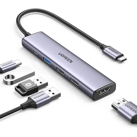 Hub 5 Em 1 Ugreen Usb-c Para 3* Usb + Hdmi 4k + Tipo-c 100w Prateado