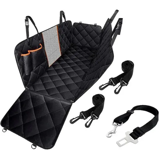 Capa De Proteção Para Banco Traseiro Pets Com Cinto Versátil 4x1 - Preto Com Borda Laranja - Estoquee