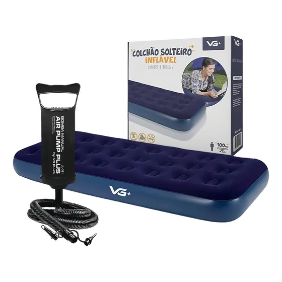 Colchão Solteiro Inflável VG Plus Azul-marinho com Bomba de Ar Manual
