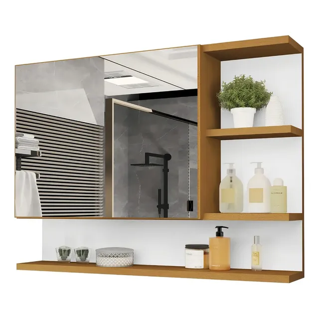 Espelheira Cleopatra de 60" para Banheiro com Espelho e Porta Nature/Branco