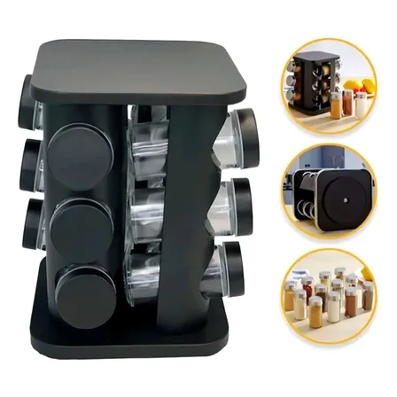 Porta Temperos E Condimentos Giratório 12 Peças Vidro Cor Preto