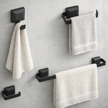 Kit de 4 acessórios banheiro Universo Das Torneiras principal formato quadrado cor preto fosco moderno