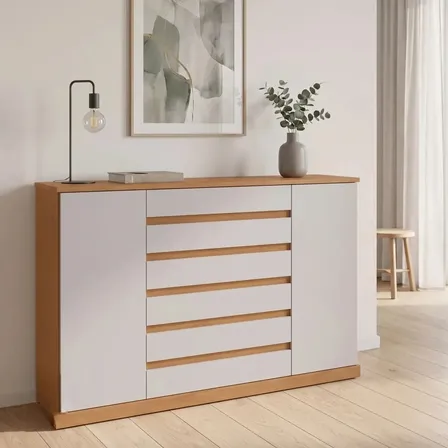 Cômoda 2 Portas 7 Gavetas 3 Prateleiras Vedra Bjwt Amêndoa Clean/off White