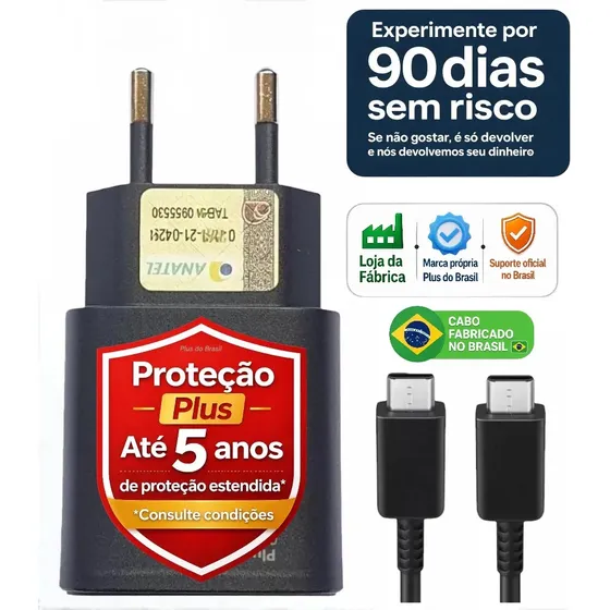 Plus Do Brasil Carregador Turbo Tipo C Para Samsung Galaxy A17 A16 A15 M15 A25 A24 M34 A36 A35 A34 A32 S24 Plus S23 Fe S22 S21 S20 A12 A13 A14 5g A56 A55 A54 M55 A07 Z Flip Fold Certificado Anatel Br