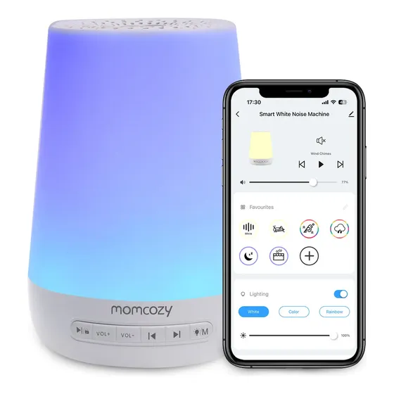 Máquina de ruído branco Momcozy para bebês dormindo com design de aplicativo em cores brancas