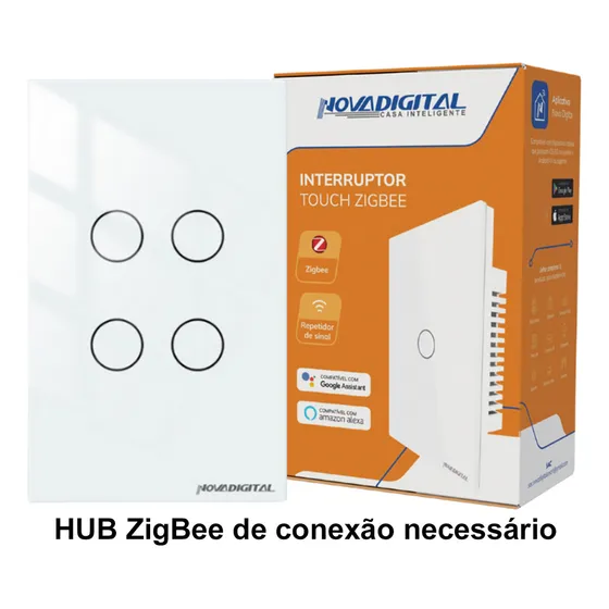 Interruptor Inteligente Zigbee Novadigital 4 Teclas Botões Touch Tuya Smart Life Alexa Google Bivolt 127v 220v Parede 4x2 Automação Residencial Vidro Temperado Branco 127/220v