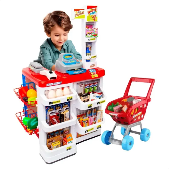 Mercadinho Infantil + Caixa Registradora E Carrinho 48 Peças Vermelho