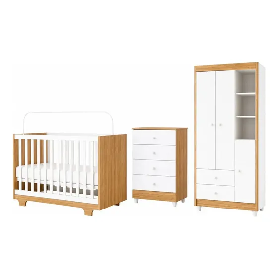 Quarto De Bebê Completo 100% Mdf Com Cômoda Berço E Guarda Roupas Branco/amadeirado