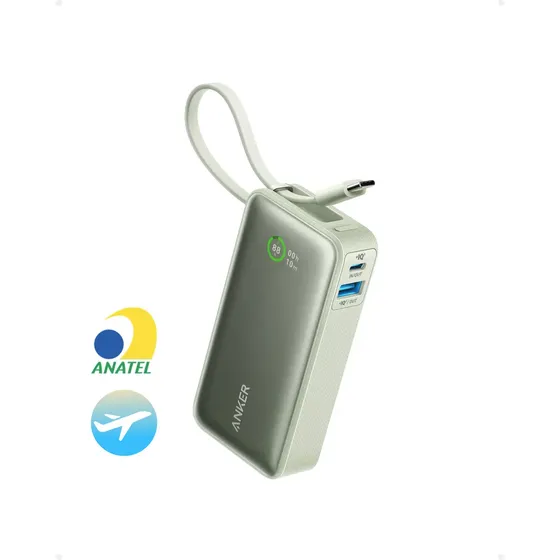 Carregador Portátil Power Bank Anker Nano 10000mAh 30W Turbo Com Cabo USB-C Embutido e Tela Digital Leve e Com Verde