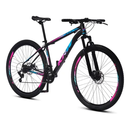 Bicicleta Bike Aro 29 Krw Mountain Bike Câmbio Shimano Tz 21 Velocidades Freio A Disco Suspensão Dianteira Sh21 Cor: Preto/rosa E Azul Tamanho Do Quadro: 21 Xl