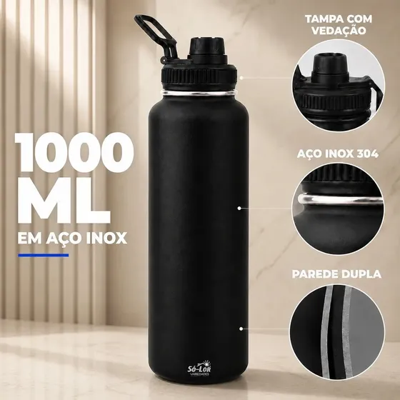 1000ml Garrafa Térmica Isolada A Vácuo Squeeze Aço Inox 304 para Água Gelada Esporte Academia com Alça e Bico Preto Sólar