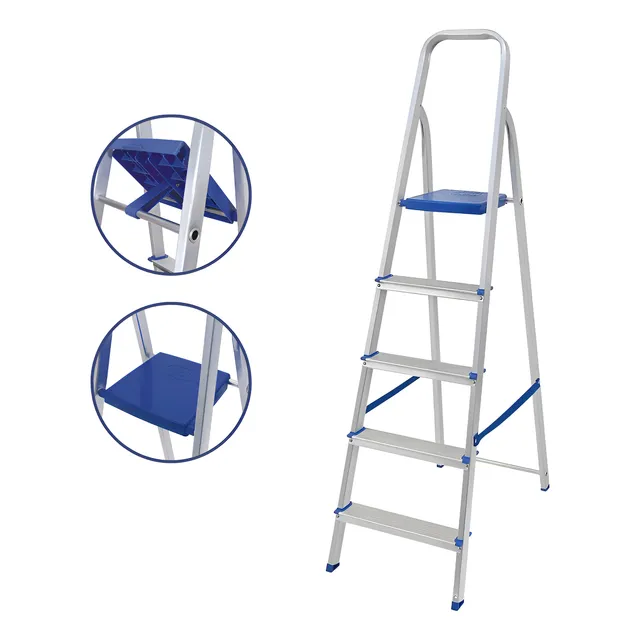 Escada Doméstica De Alumínio 5 Degraus Dobrável Mor Cinza/azul
