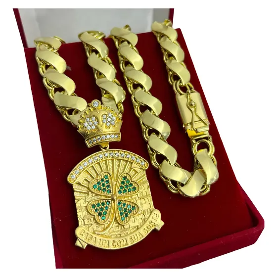 Corrente Cordão Friso S 12 Mm Moeda Antiga Pingente Trevo Da Sorte Cravejado King Das Moedas Masculino Ouro