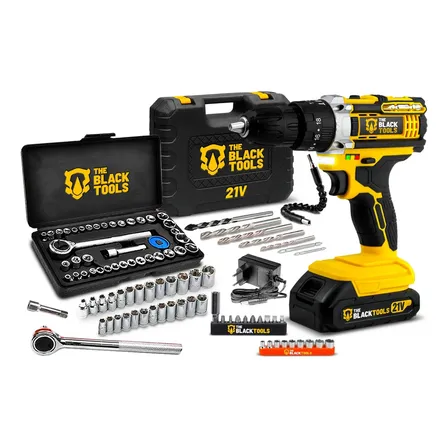 Parafusadeira E Furadeira De Impacto Tb-21pw 21v 3/8 The Black Tools Com Jogo De Soquetes 40 Peças Amarelo 127/220v 50/60hz