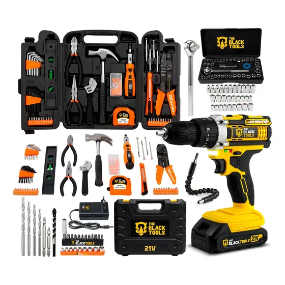 Furadeira Parafusadeira De Impacto A Bateria Sem Fio 21v 3/8 Com Jogo De Ferramentas 169 Peças Maleta The Black Tools Amarelo E Preto 127/220v 50/60hz