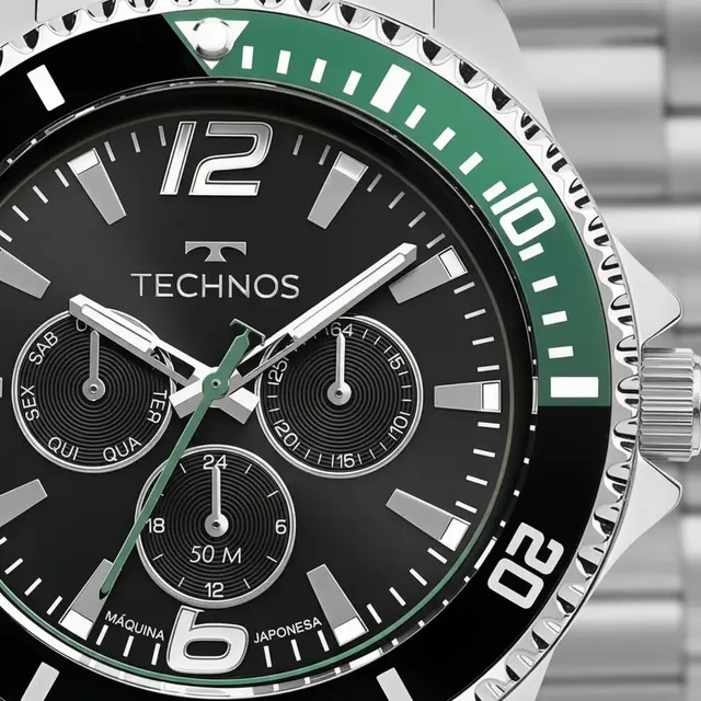 Relógio Technos Masculino Racer Premium Prata - 6p29ale/1v Correia Prateado Bisel Verde Fundo Preto