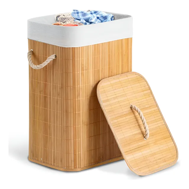 Cesto de Roupa Bege 70L Dobrável Bambu Com Tampa Casa Uno