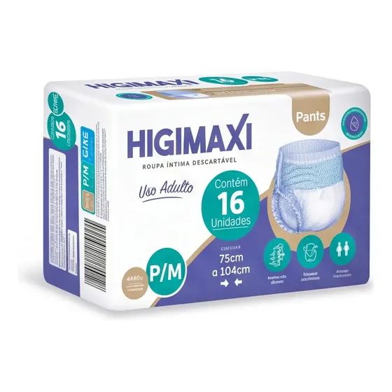 Fralda Geriátrica Higimaxi Adulto Incontinencia Urinaria Descartaveis 16 Unidades Tamanho P/M Pant Confort Máxima Absorção