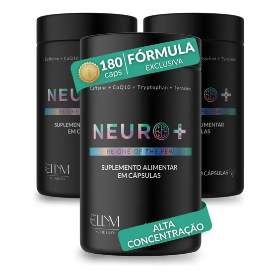 Kit 3 Neuro+ 60 Capsulas Nootropico Energético Foco Cafeina Taurina Magnesio Triptofano Taurina B12 L-Tirosina B3 B9 Memoria Energia Triptofano Vitaminas D Coenzima Q10 Ellym Nutrition