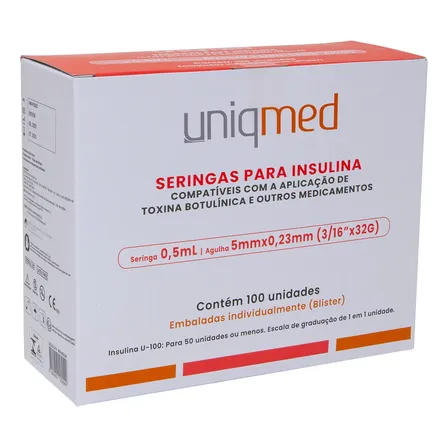 Seringas Para Insulina Uniqmed 100u 0,5ml 5mm 32g Com 100 Un