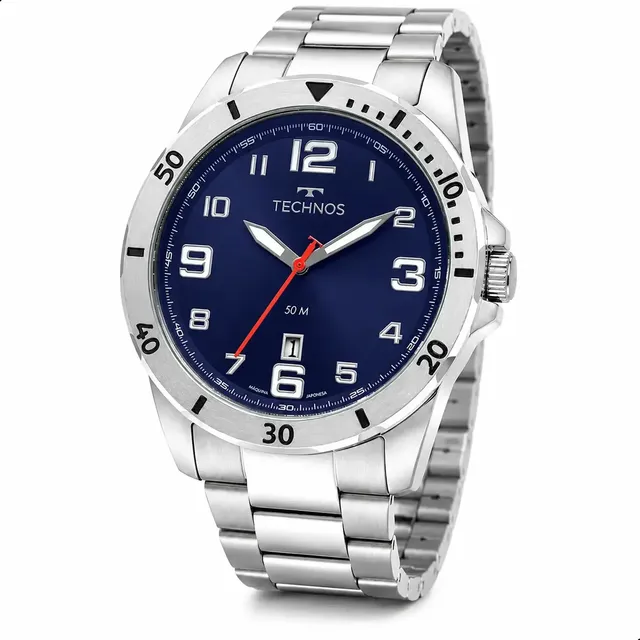 Relógio Technos Masculino 2115nap/1a 45 Milímetros Casual Em Aço Inoxidável Prova D´agua 50 Metros Com Calendário Fundo Azul Prateado Prata