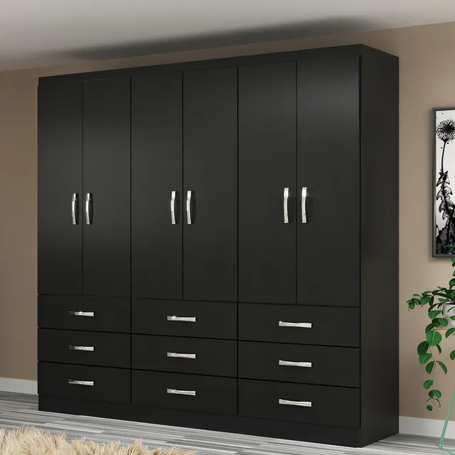 Guarda Roupa Casal 6 Portas 9 Gavetas Bergamo Evidência Cor Preto
