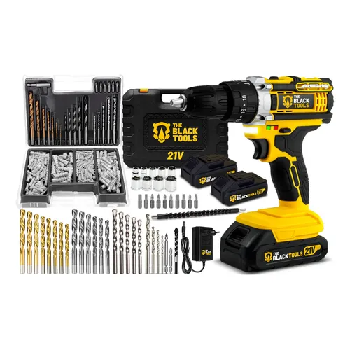 Parafusadeira Furadeira De Impacto The Black Tools Profissional TB-21PX 2 Baterias Maleta + Kit Brocas Buchas 300 Peças