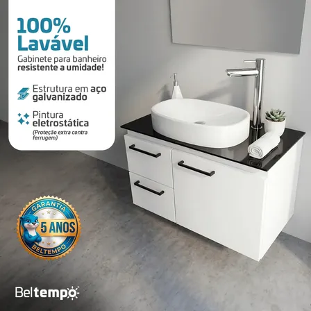 Gabinete Banheiro Aço Galvanizado Suspenso Com Cuba de Apoio Branco 62x36 Ares Beltempo