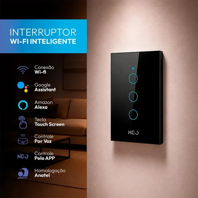 Interruptor Inteligente Wifi 4x2 Touch 3 Botões Alexa Google Cor Preto Neo By Avant Preto 3 127/220v