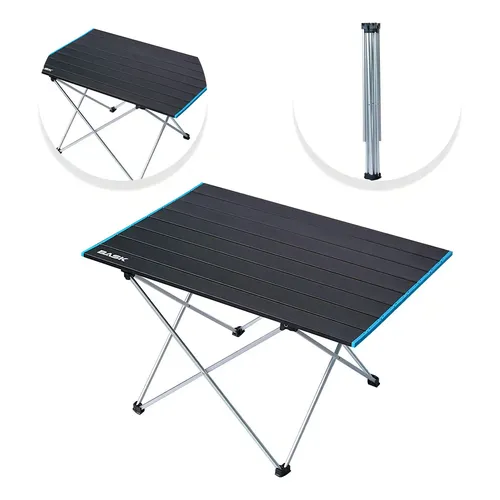 BASK Mesa Dobrável Portátil de Alumínio (40,5 x 40 x 56 cm), Ultraleve 1,7 kg, Suporta 20 kg, Compacta com Bolsa de Transporte para Camping, Praia, Churrasco, Preta com Bordas Azuis