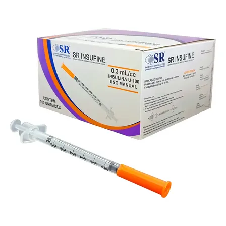 Kit 100un Seringa Insulina 0,3ml 6x0,25mm Agulha Fixa 31g Sr