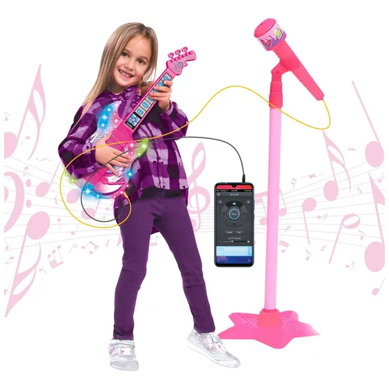 Guitarra E Microfone Infantil Instrumento Brinquedo Musical Cor Rosa Atentu