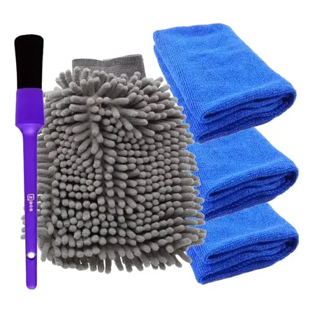 Kit 3 Panos de Microfibra e Luva Detailer + Pincel Externo Zacs de Detalhamento Automotivo